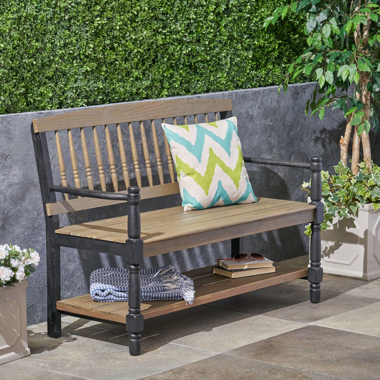 Slatted Bench With Built-In Shelf