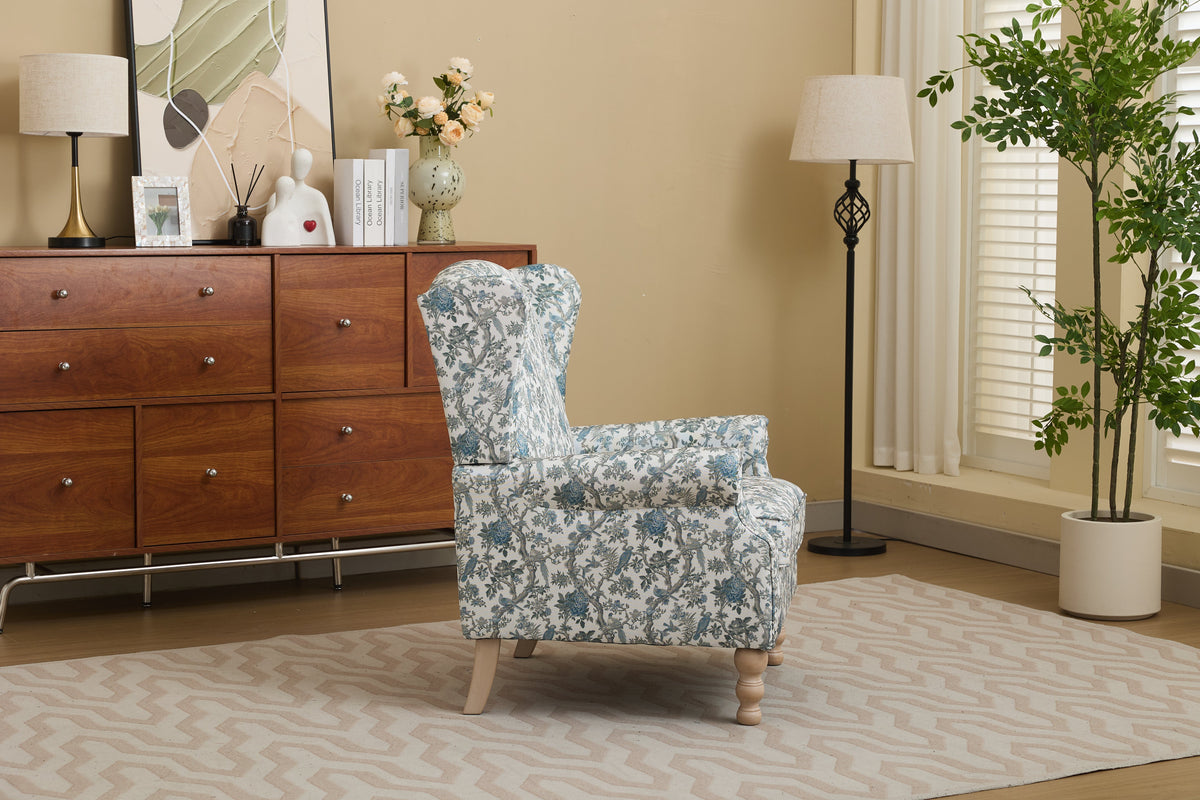 Modern Accent Chair with Retro Wood Legs and Floral Design
