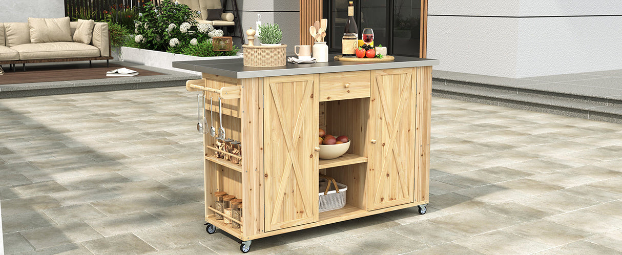 Outdoor Kitchen Island Fir Wood Kitchen Island with Stainless Steel Top