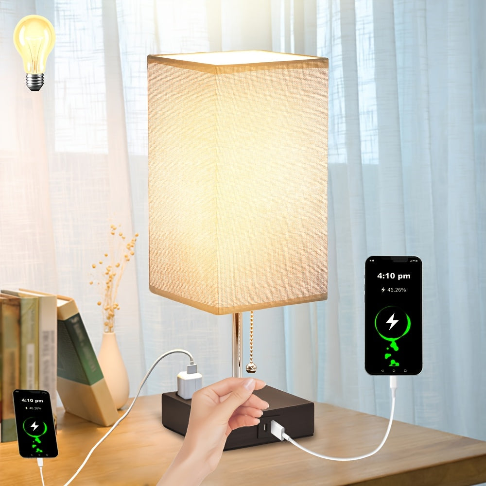 Touch Table Lamp with USB & Outlet – Modern Fabric Shade Bedside Light for Bedroom