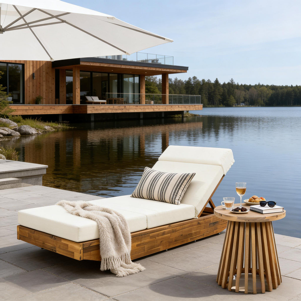Modern Acacia Wood Outdoor Chaise Lounge with Beige Cushion
