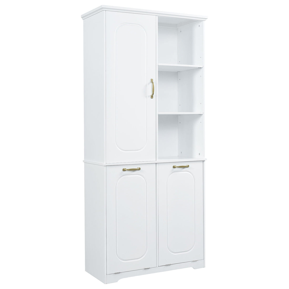 Freestanding Tall Storage Cabinet With 2 Tilt Out Hampers, Adjustable Shelves, Soft Close Door, Door Mounted Organizer - White