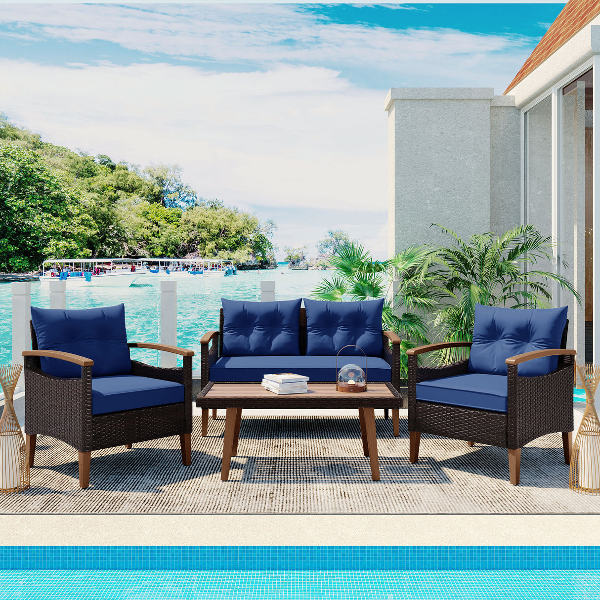 4-Piece Outdoor Wicker Sofa Set – Blue Cushions & Acacia Wood Accents