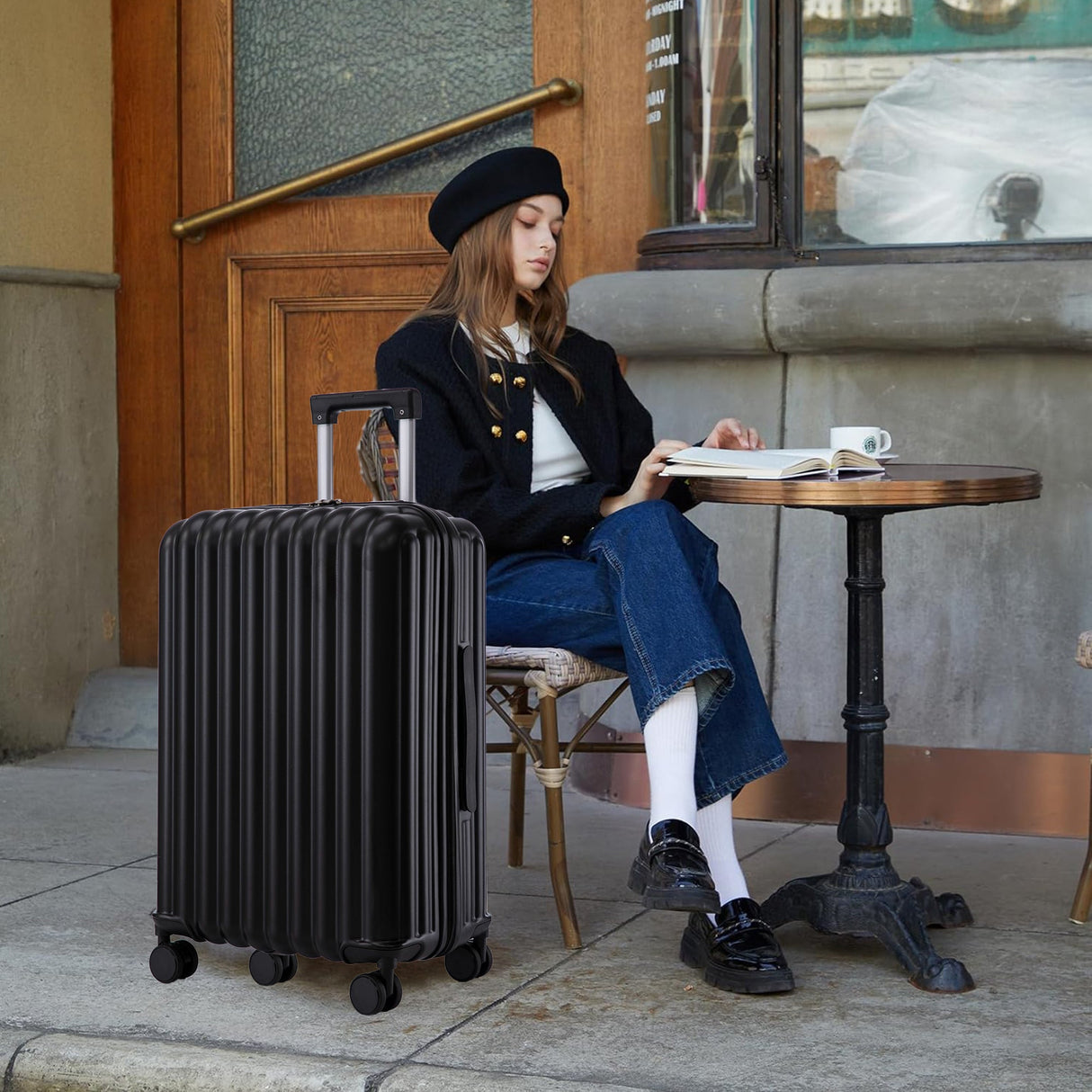 ABS Spinner Wheel Luggage Carry On Suitcase with Cup Holder and USB Port
