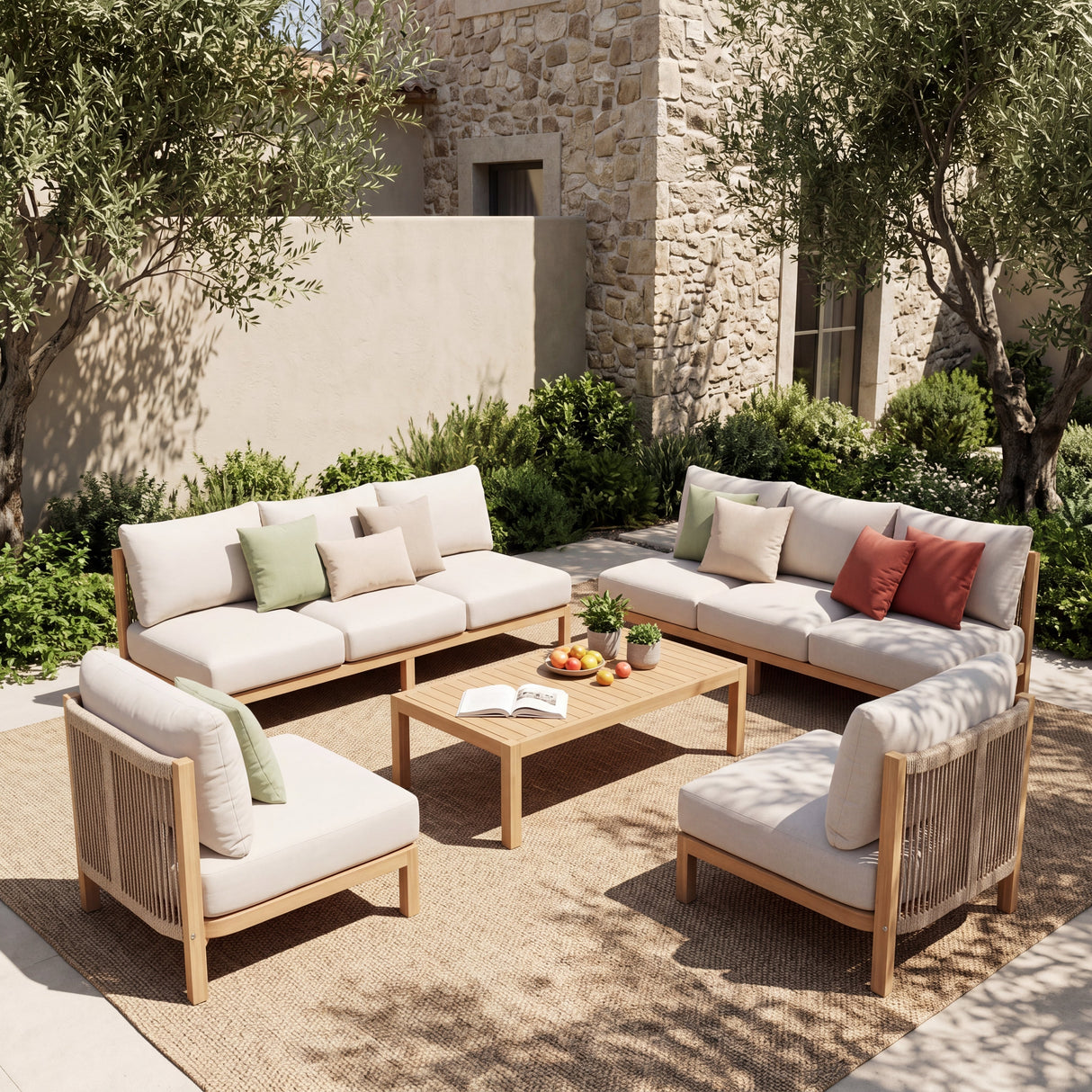 5 Piece Acacia Wood Outdoor Sofa Set with Rope-Woven Chairs