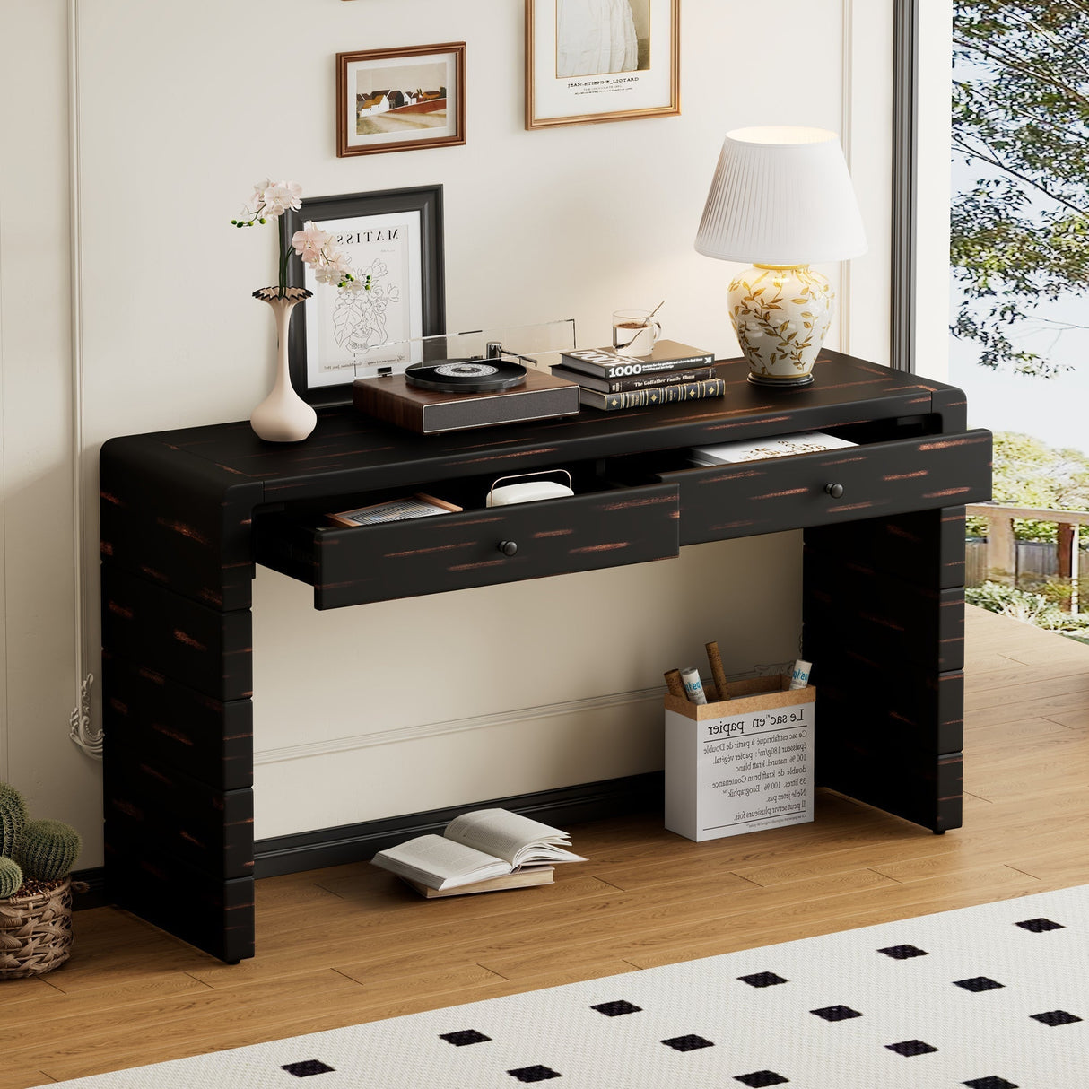 Curved Console Table with StorageDistressed Black