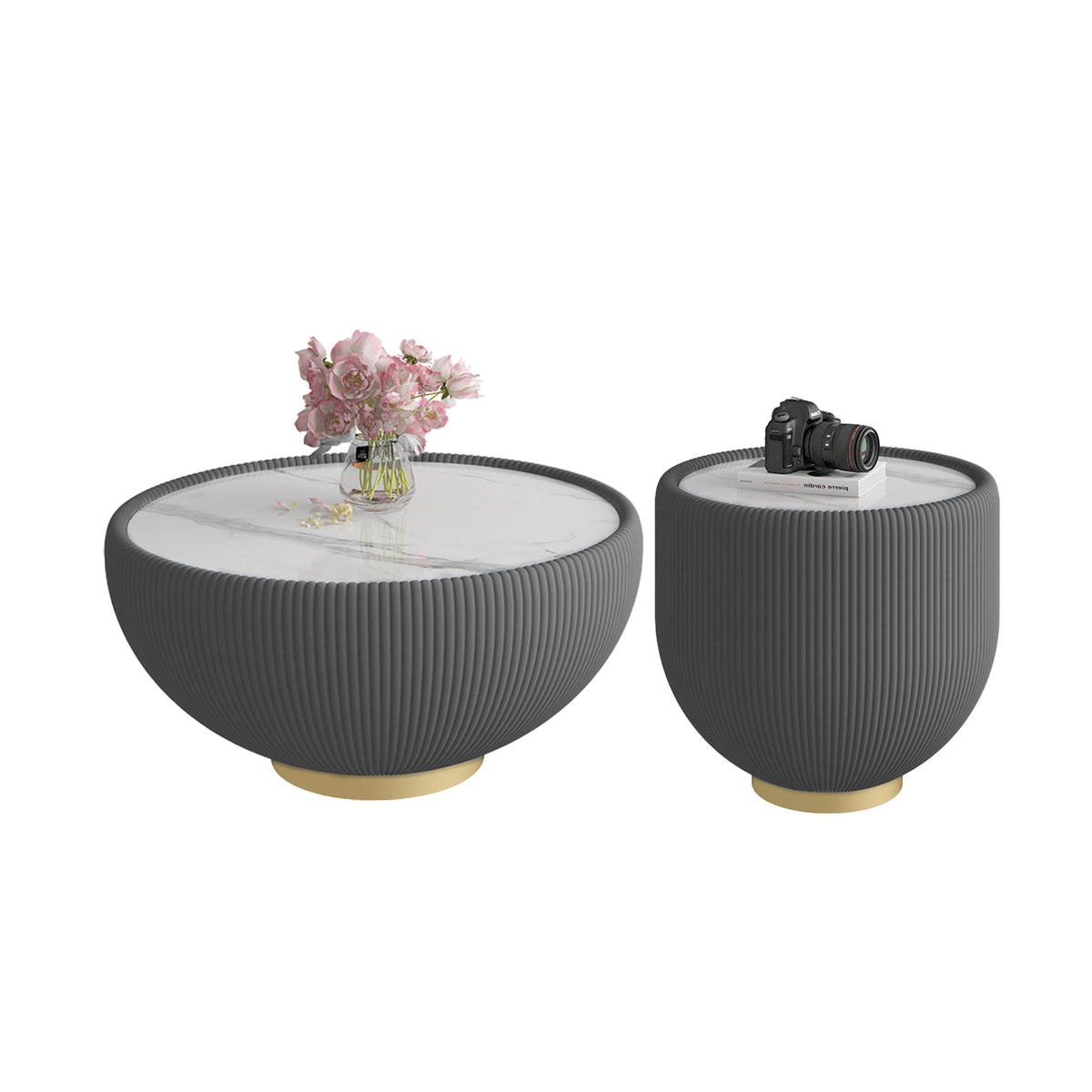 Modern Round Sintered Stone Pattern Tabletop Side Table with Leather Edge