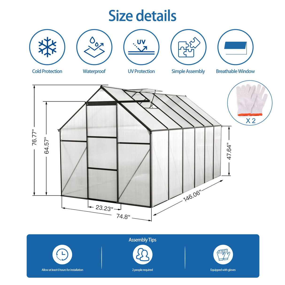 Polycarbonate house Raised Base And Anchor Aluminum Heavy Duty Walk-In houses For Outdoor Backyard In All Season