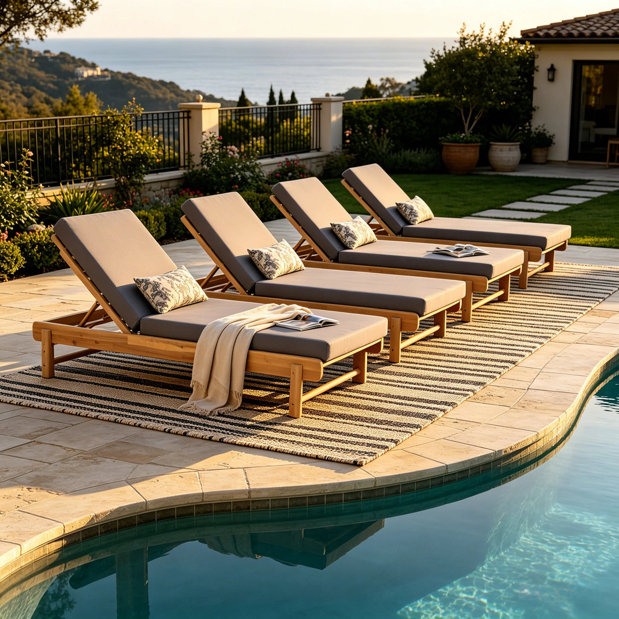 Light Teak Acacia Wood Chaise Lounge Set