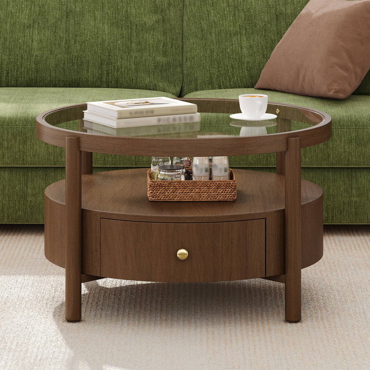 Solid Wood Round Glass Top Coffee Table with Storage Drawer