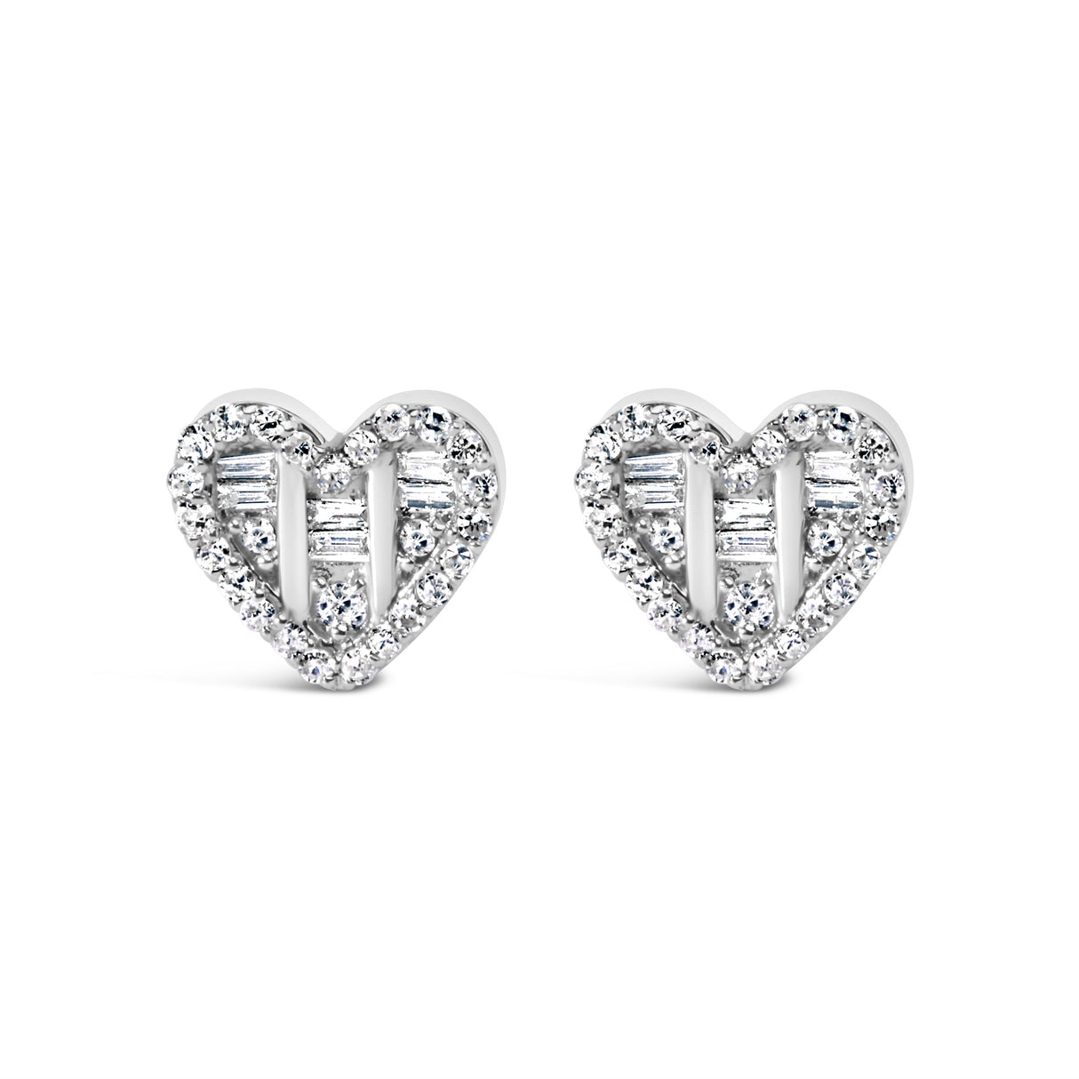 14K Yellow Gold Plated .925 Sterling Silver 1/2 Cttw Round and Baguette Diamond Composite Heart Shaped Stud Earring (I-J Color, SI2-I1 Clarity)