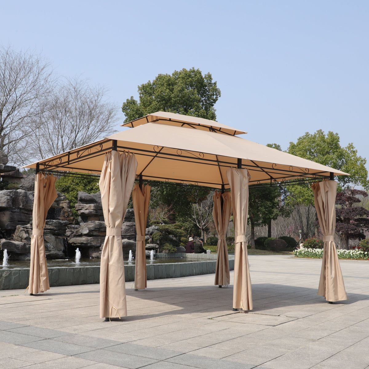 Khaki Outdoor Patio Gazebo Canopy Tent with Ventilated Double Roof and Mosquito Net, 13x10 Ft