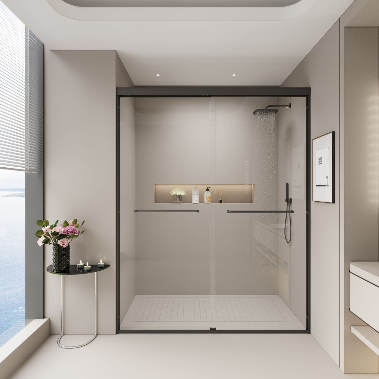 Double Sliding Semi-Frameless Shower Door with Tempered Glass