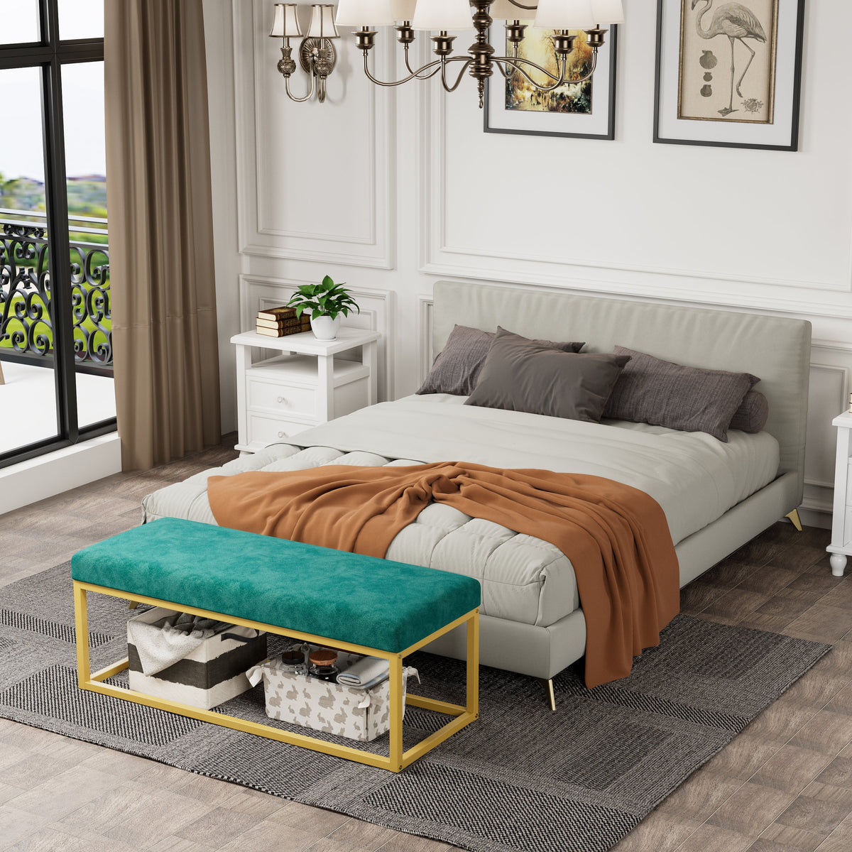 Mid-Century Modern Storage Bench for Entryway with Steel Frame - Synthetic Leather