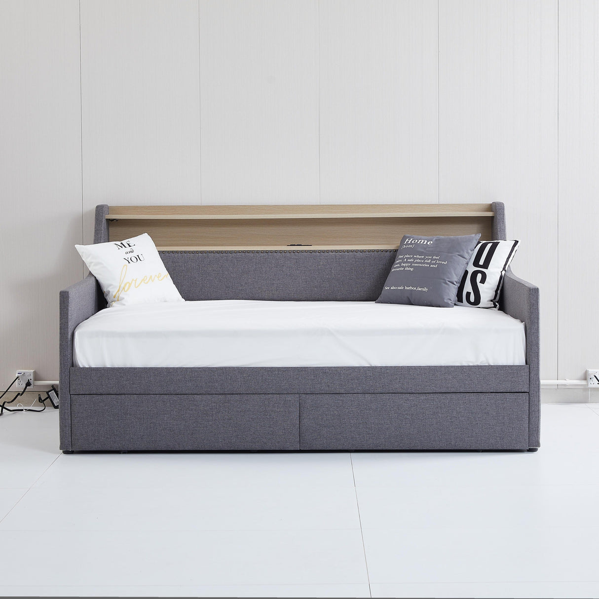 Twin Size Linen Upholstered Daybed with Storage Drawers and LED Lights