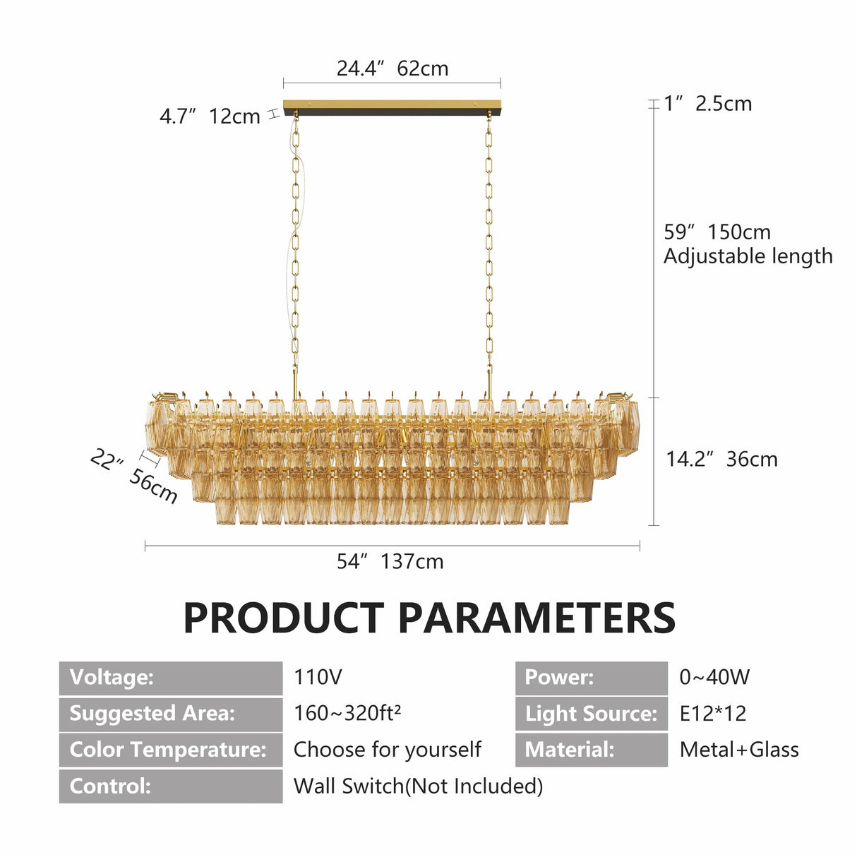 Modern Chandeliers for Dining Room, 54' Large Rectangle Gold Kitchen Chandelier Over Table, 12-Light with Smoke Glass Ceiling Lights, Farmhouse Pendant Lighting Fixture for Living Room Bedroom
