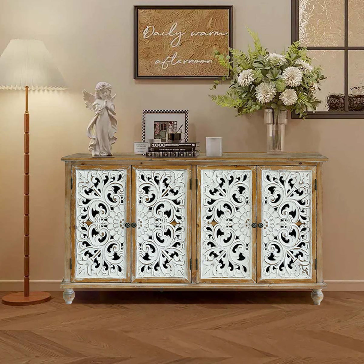 Accent Cabinet With 4 Doors Farmhouse Sideboard Buffet Cabinet