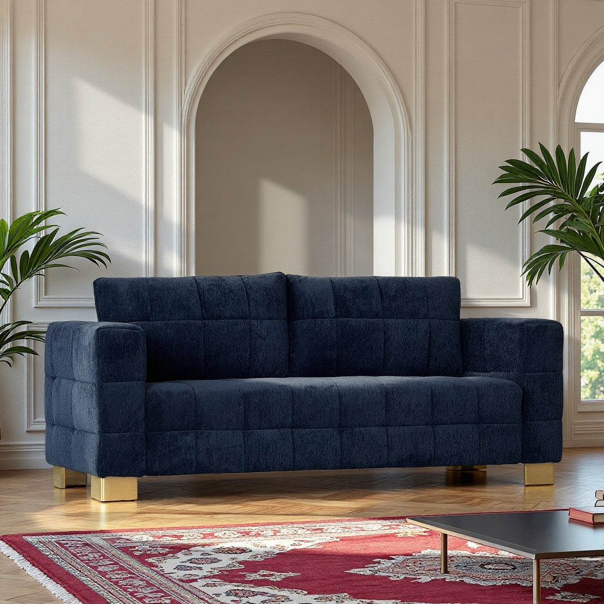 Retro Blue Chenille Upholstered 3-Seater Couch with Stainless-Steel Legs