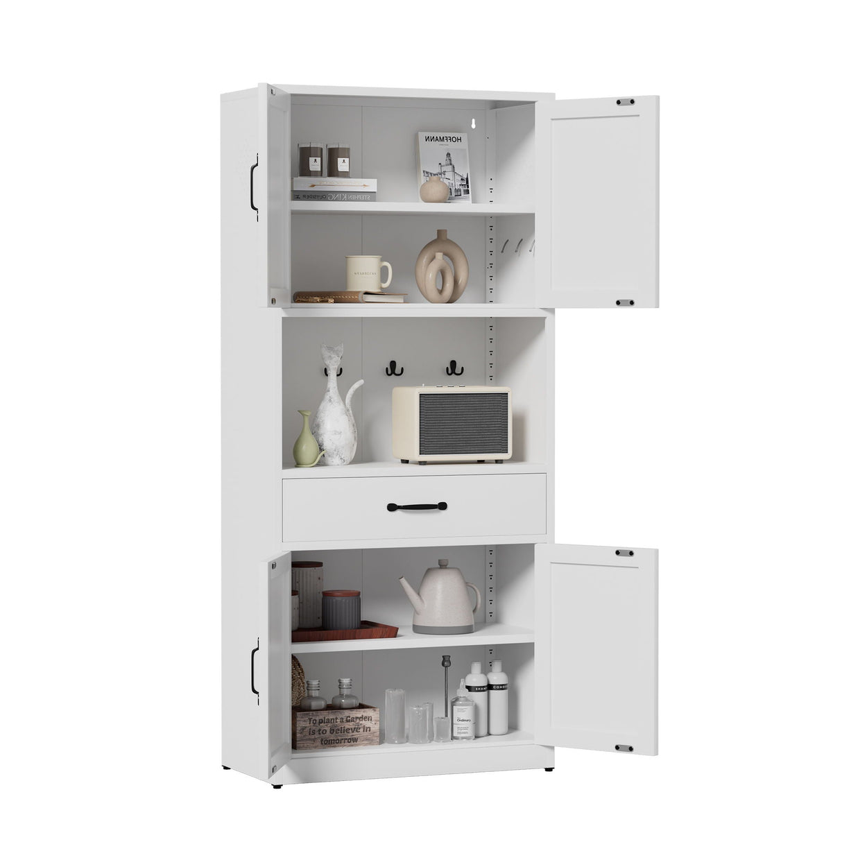Kitchen Pantry Cabinet With Adjustable Shelves, Drawers, Hooks And Large Countertop - White