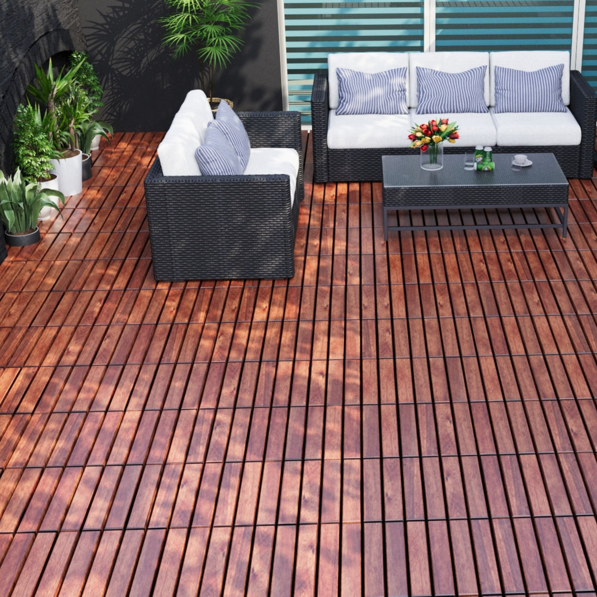 Interlocking Deck Tiles Striped Pattern, Waterproof Anti Mildew Brown