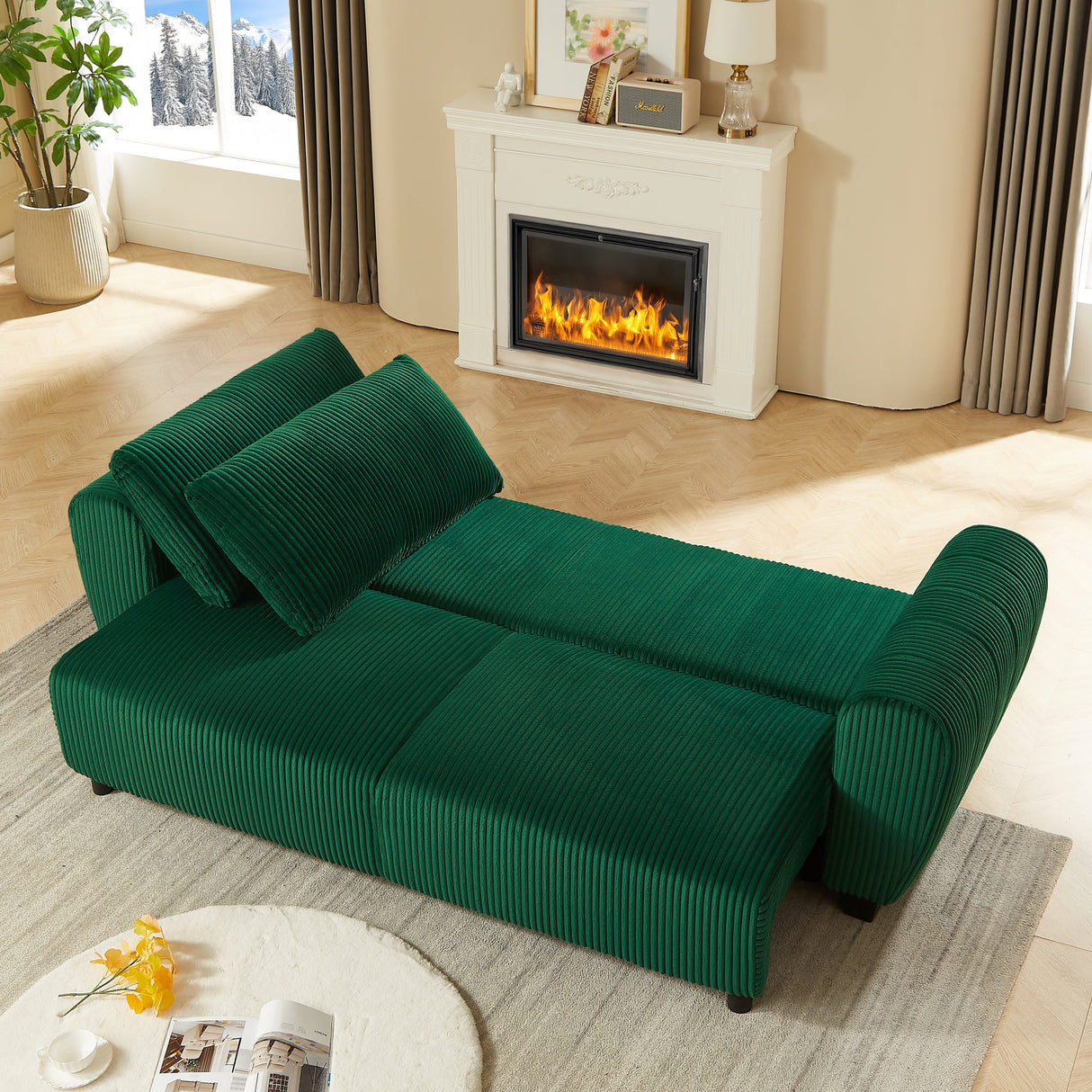 Corduroy Upholstered 3 Seat Sofa Couch 2-in-1 Convertible Green