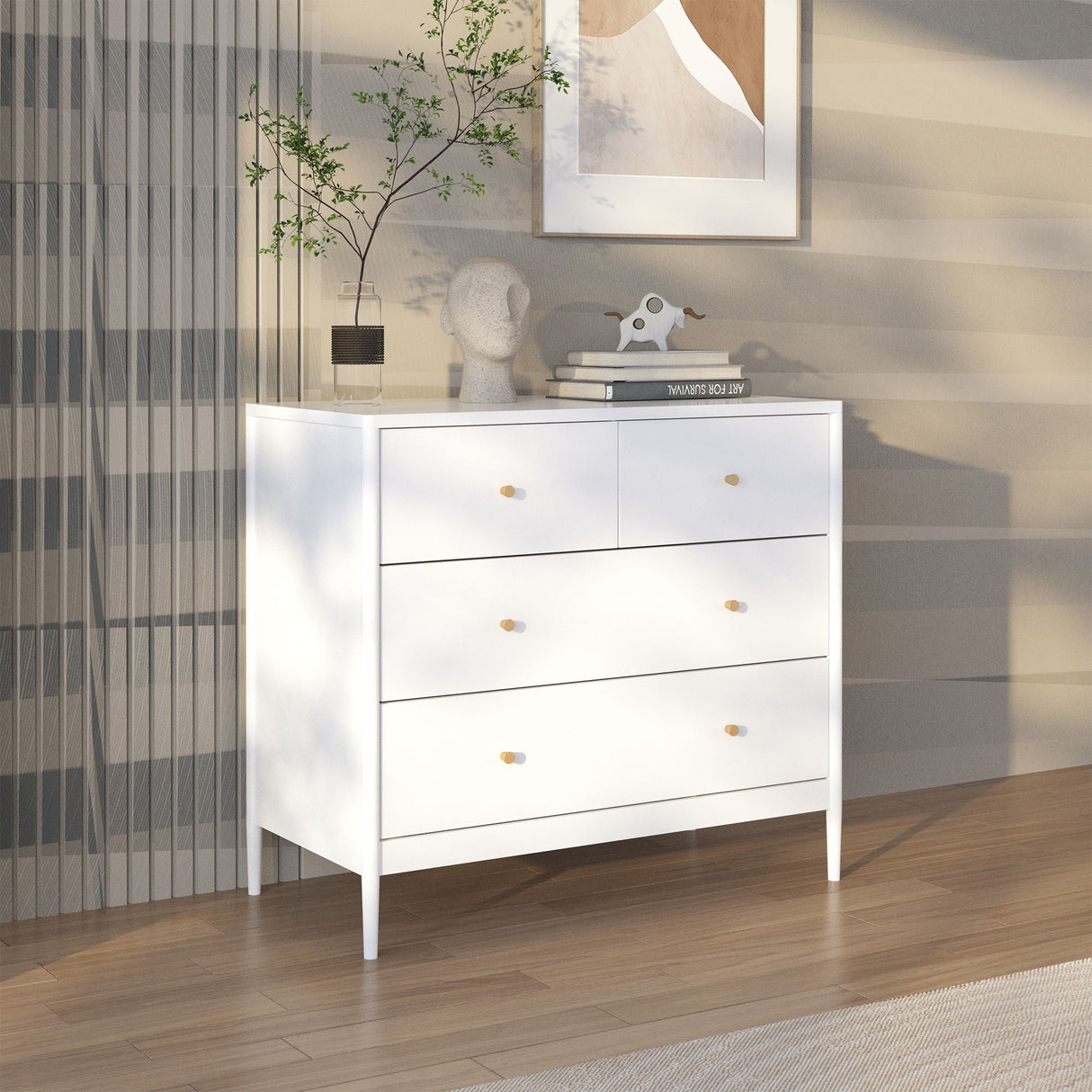 4 Drawer Kids Dresser With Antique Brass Pulls - White