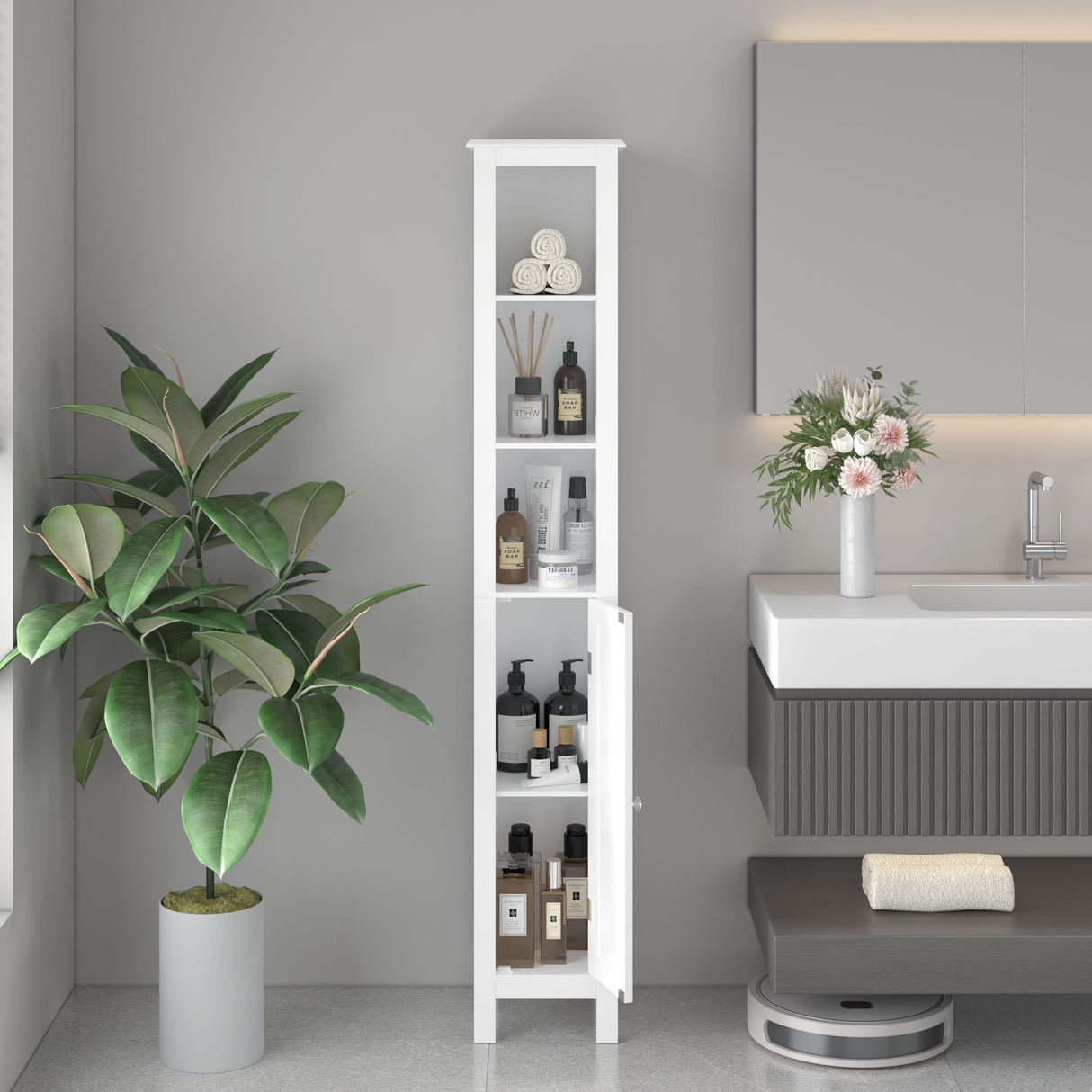 Slim Tall Bathroom Storage Cabinet With Adjustable Shelves, Anti Tip Freestanding Cabinet - White