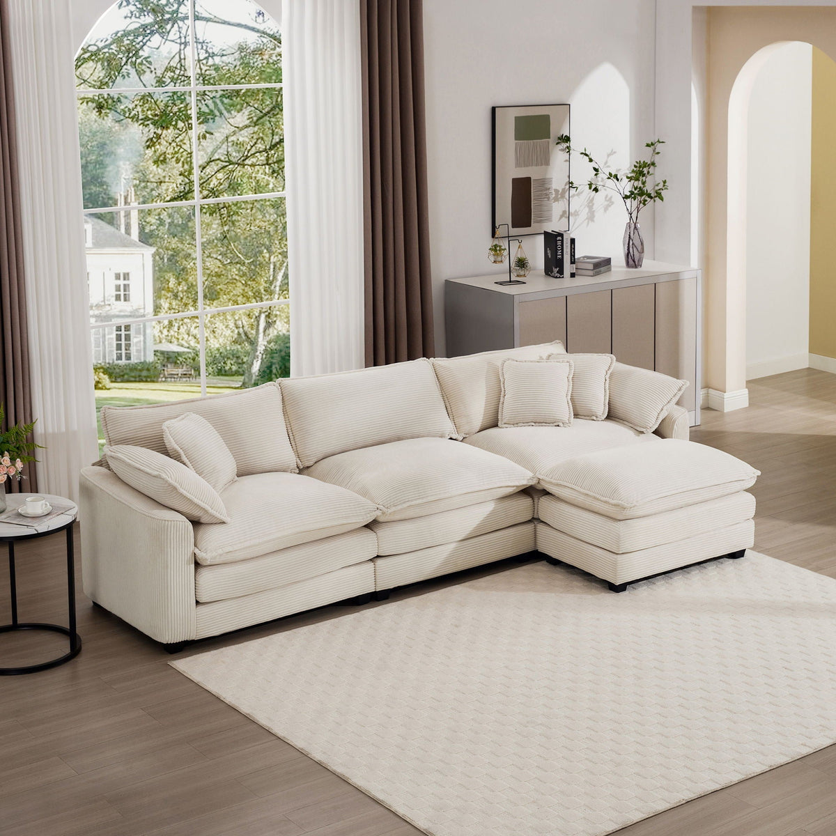 Modern Modular Cushion Sofa Set with Ottoman - Fabric, Multiple Colors