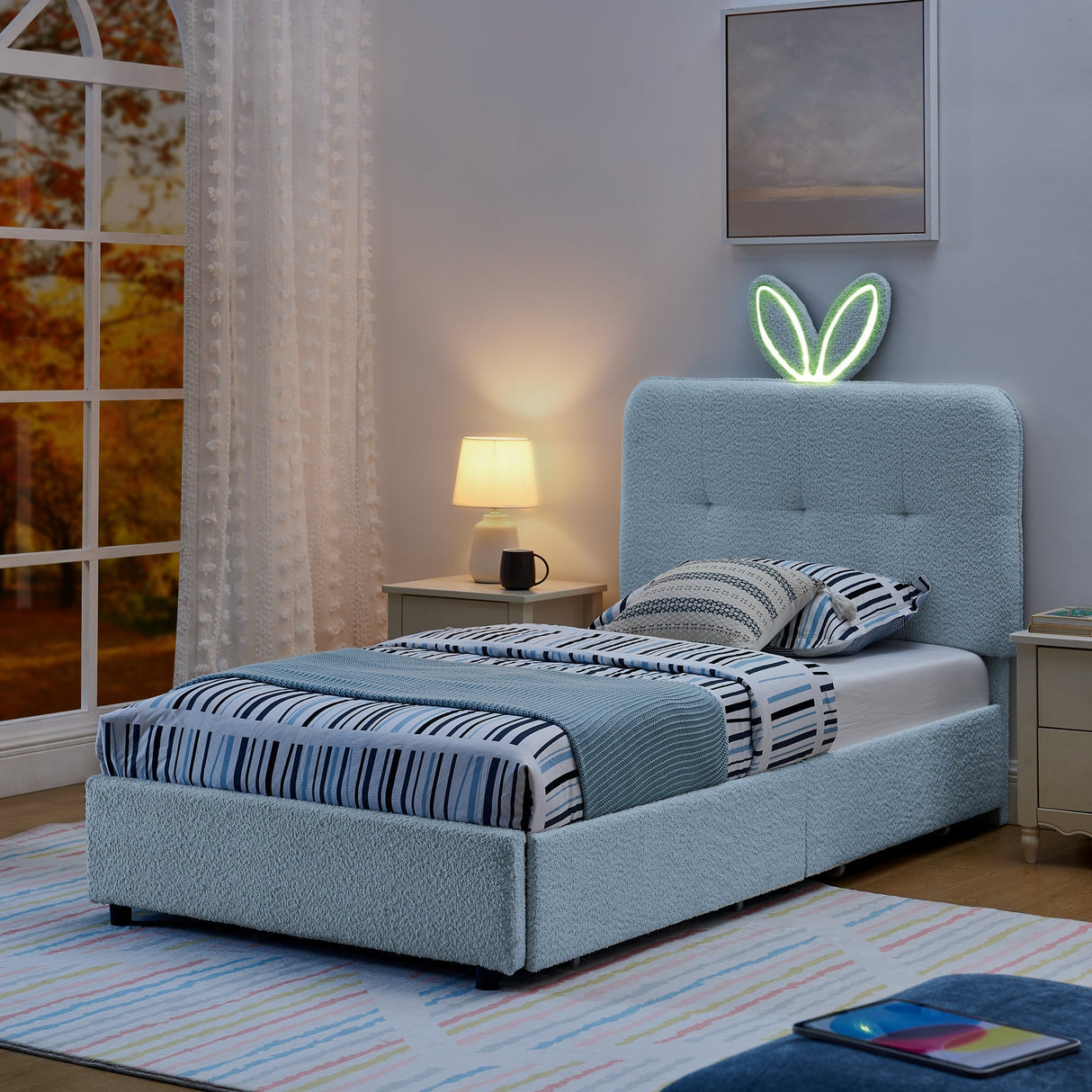 Twin Size Kids Upholstered Bed with Oversized Rabbit Ear Headboard, LED Light & 4 Storage Drawers, Boucle Fabric (79.5''X40.75''X41'')