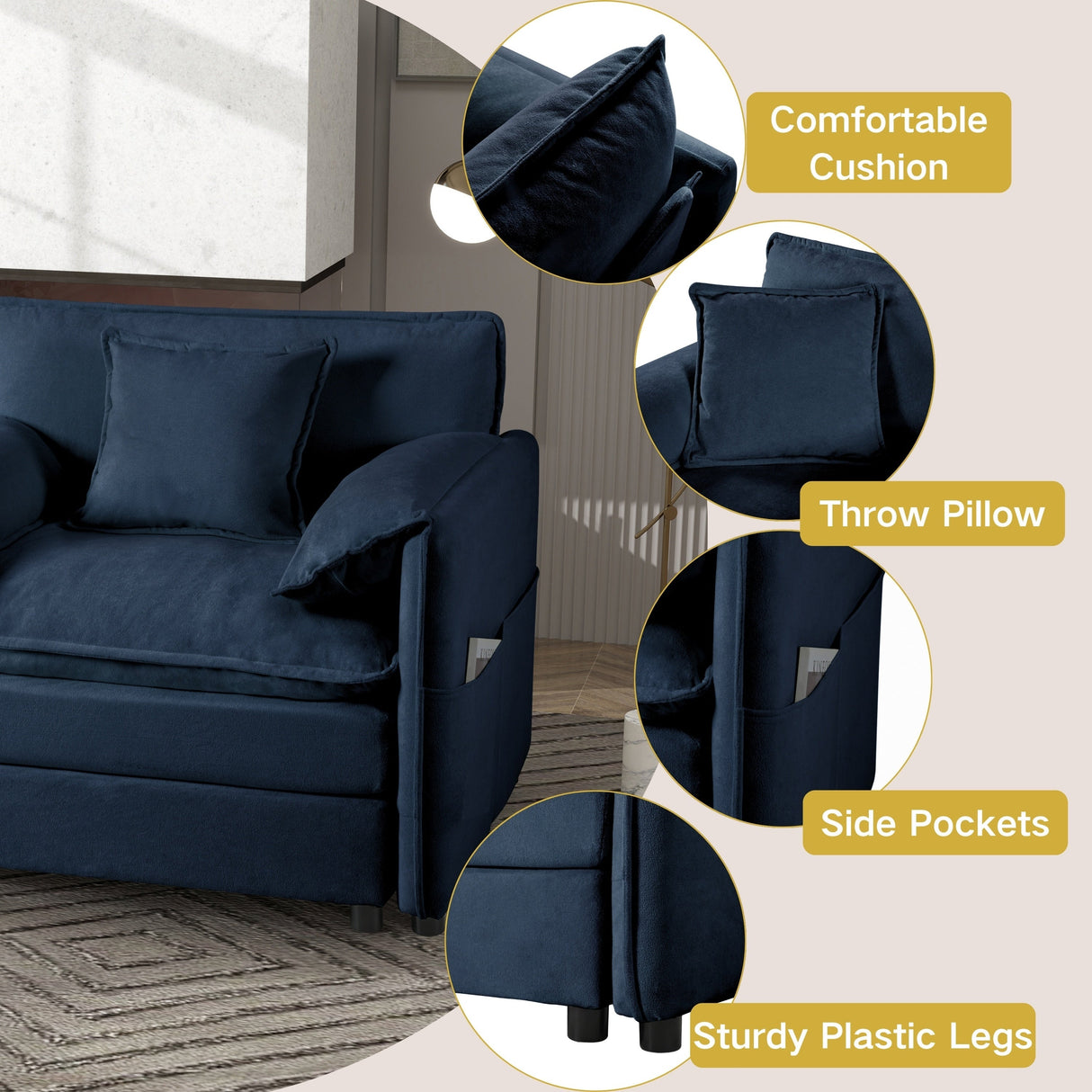 Modular Sectional SofaOversized Deep Seat L Shaped Couch Set for Living Room3-Seater Comfy Cloud Couches Chenille,Blue