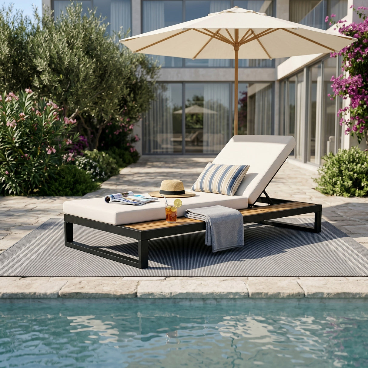 Black Iron & Teak Finish Chaise Lounge Set: 1 Frame + 1 2-Fold