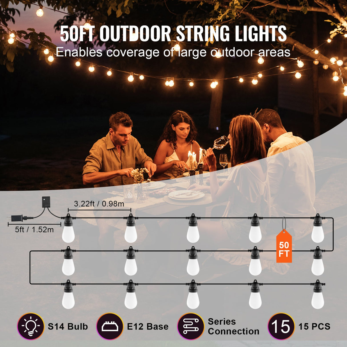 RGB Outdoor String Lights, 50FT with APP Control