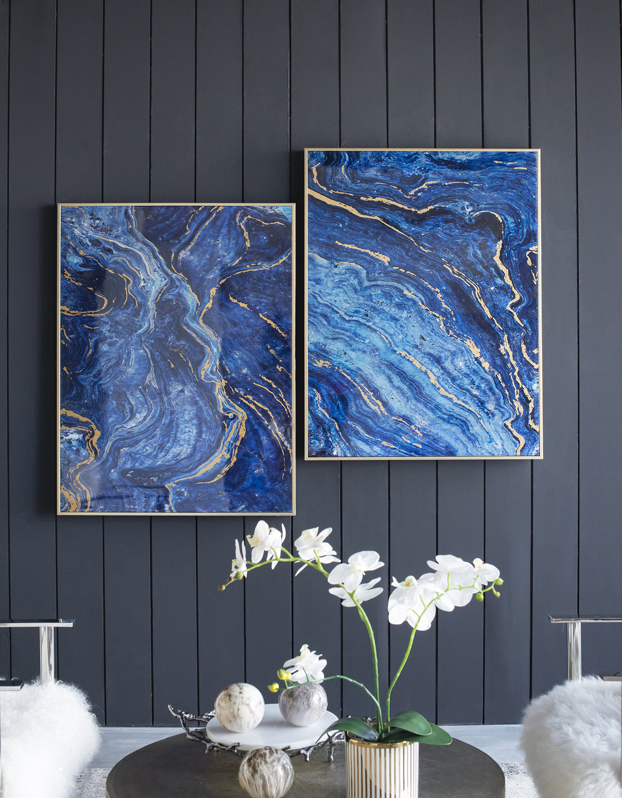 Set-of-2-Blue-and-Gold-Framed-Art-Panels,-Unique-Marbled-Design,-30.5'-x-40'-Wall-Art