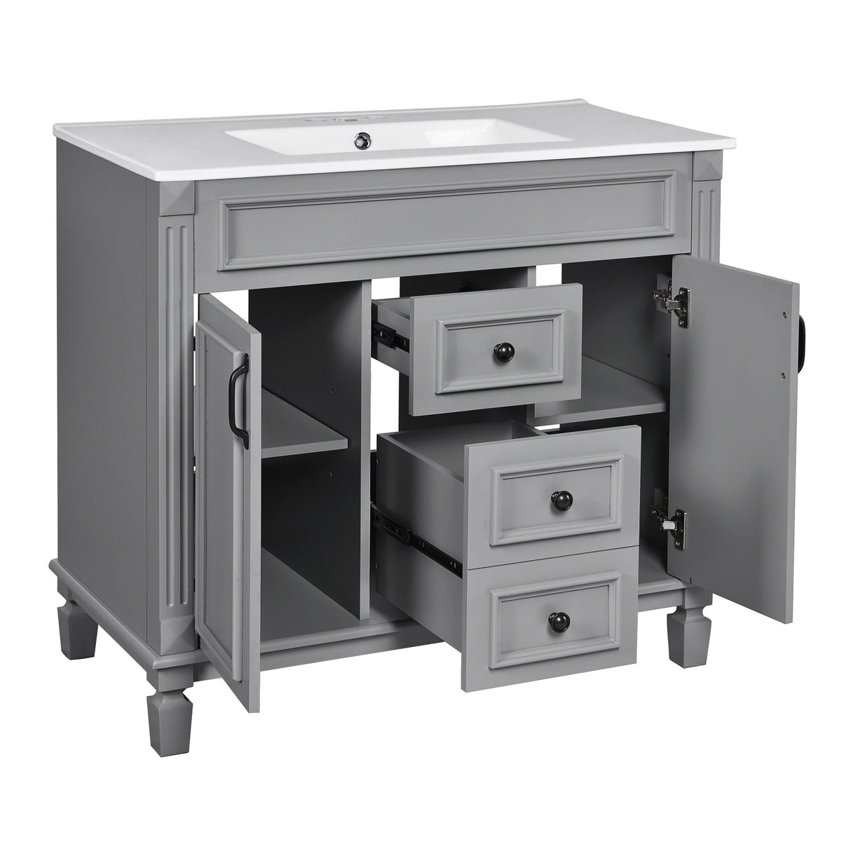 Bathroom Vanity with Top Sink, Mirror Cabinet, 2 Soft Closing Doors & 2 Drawers