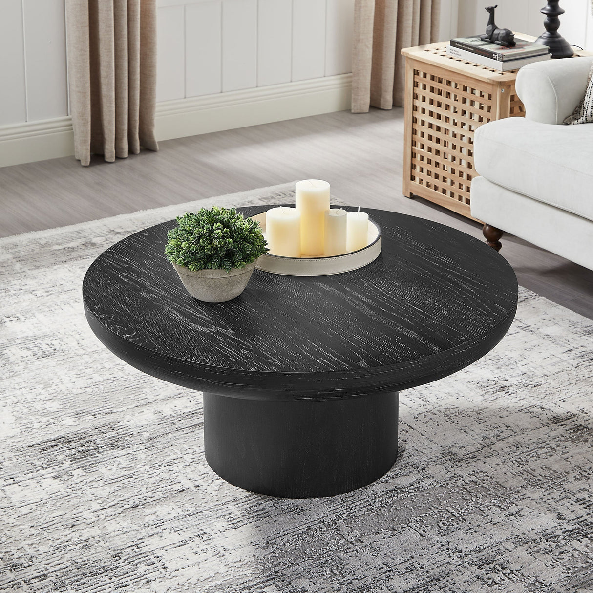 35.98 Inch Round Coffee Table with Cylindrical Black Legs