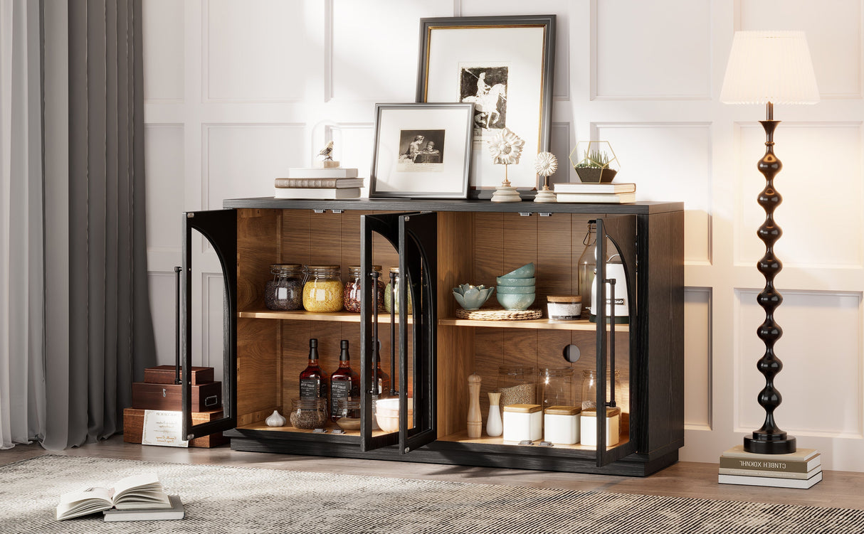 4-Door Large Storage Sideboard Buffet Cabinet with Glass Doors (Black)