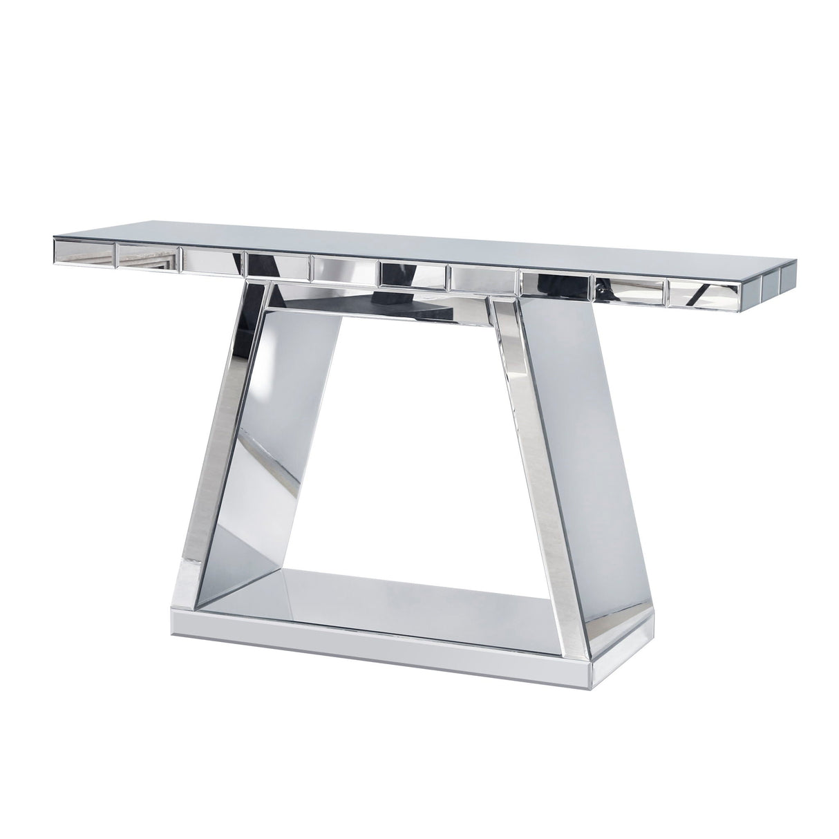 Modern Luxe Full Body Mirror Entryway Table With Trapezoid Base, 360° Reflective Console, Scratch Resistant, Open Storage - Silver