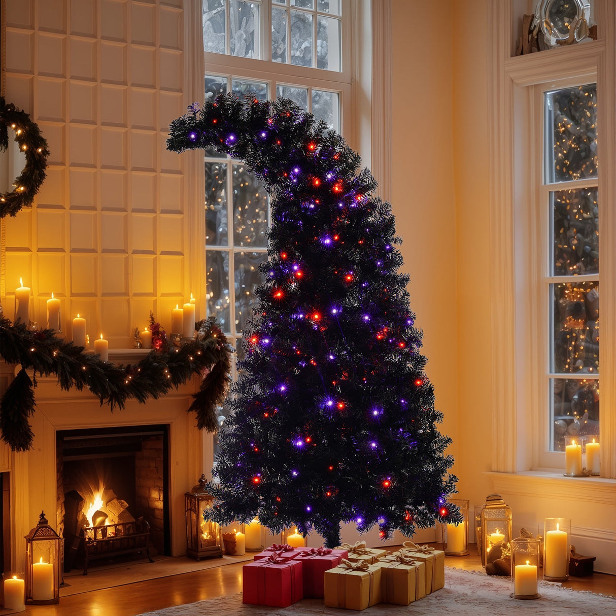6Ft Curved Hat-Look Black Holiday Tree with Orange & Purple Lights