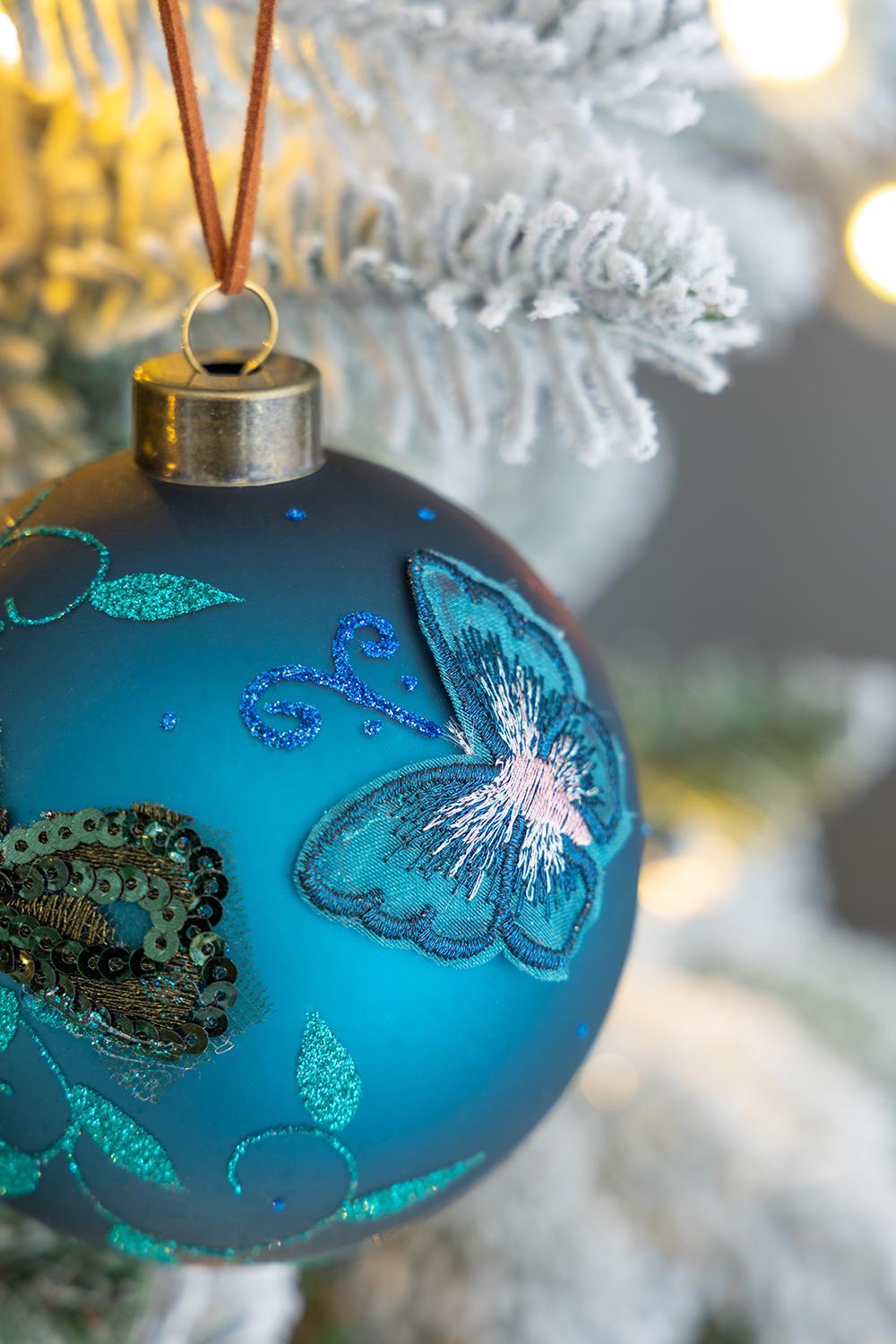 Light Blue Glass Christmas Ball Ornaments with Glitter Details - Set of 4 or 6