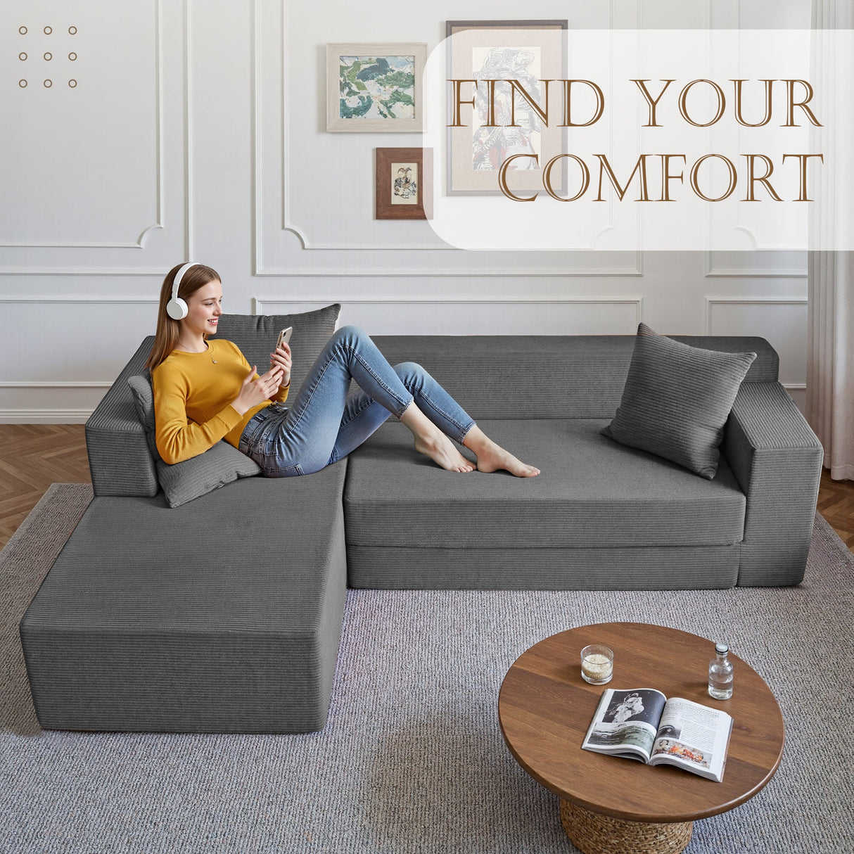 106.5" Convertible L-Shaped Sectional Sofa Bed
