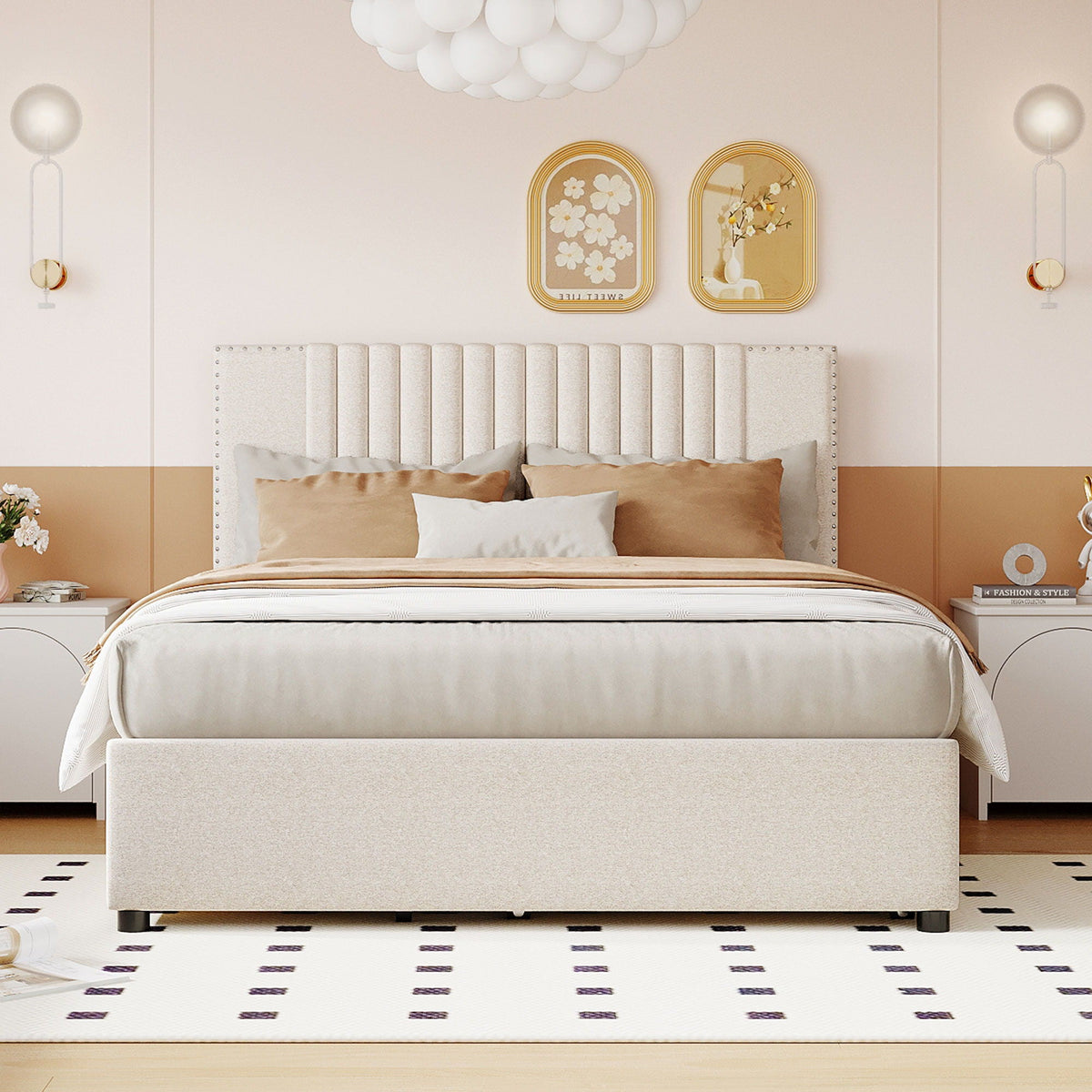 Upholstered Platform Bed With Drawers, Classic Headboard Design