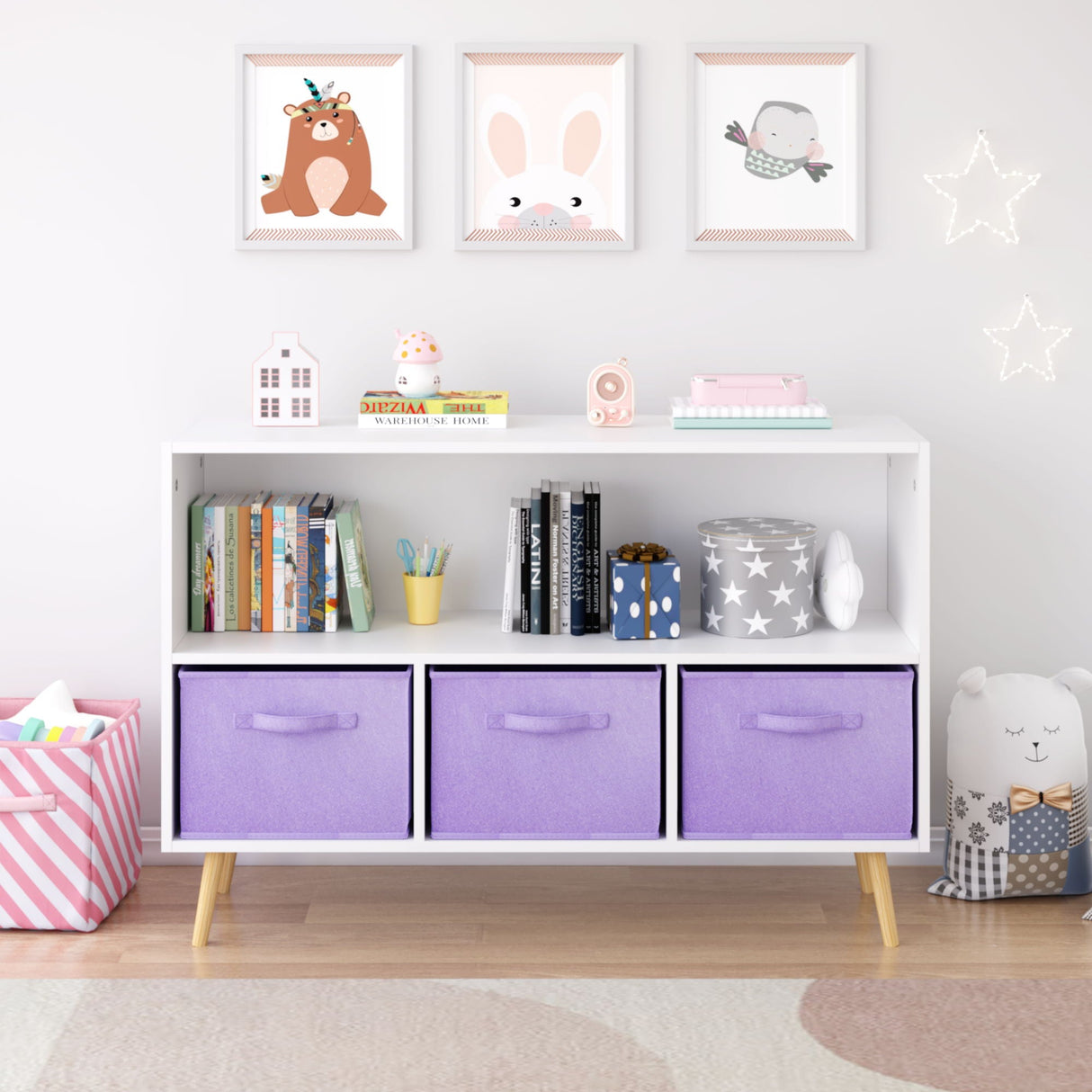 Bookcase With Collapsible Drawers, Book Display Organizer