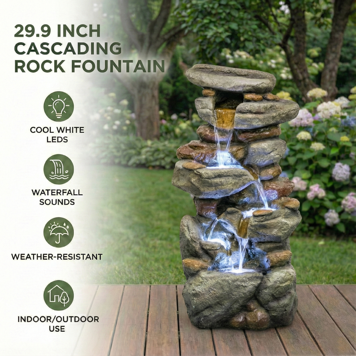 Outdoor Water Fountain Large - Stone Fountains with LED Light for Patio Yard Garden Backyard Decking Outdoor or Entryway Decor 30''