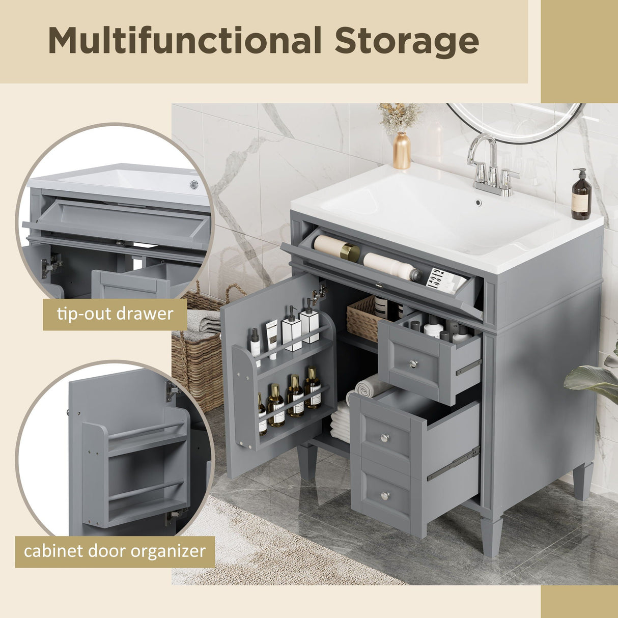 Bathroom Vanity With Top Sink, Storage Cabinet, 2 Drawers, Tip Out Drawer