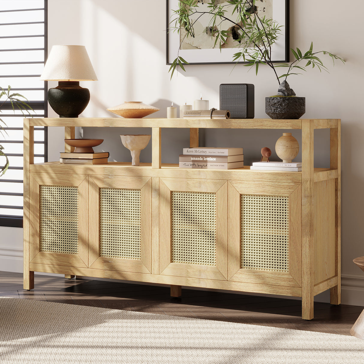Bohemian Style Rattan Buffet Storage Cabinet with Solid Wood Frame (Natural)