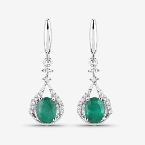 0.70 Carat Genuine Zambian Emerald and White Diamond 14K White Gold Earrings