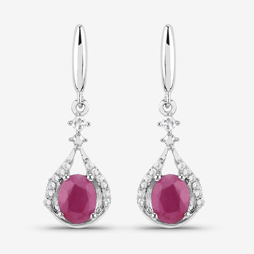 0.70 Carat Genuine Ruby and White Diamond 14K White Gold Earrings