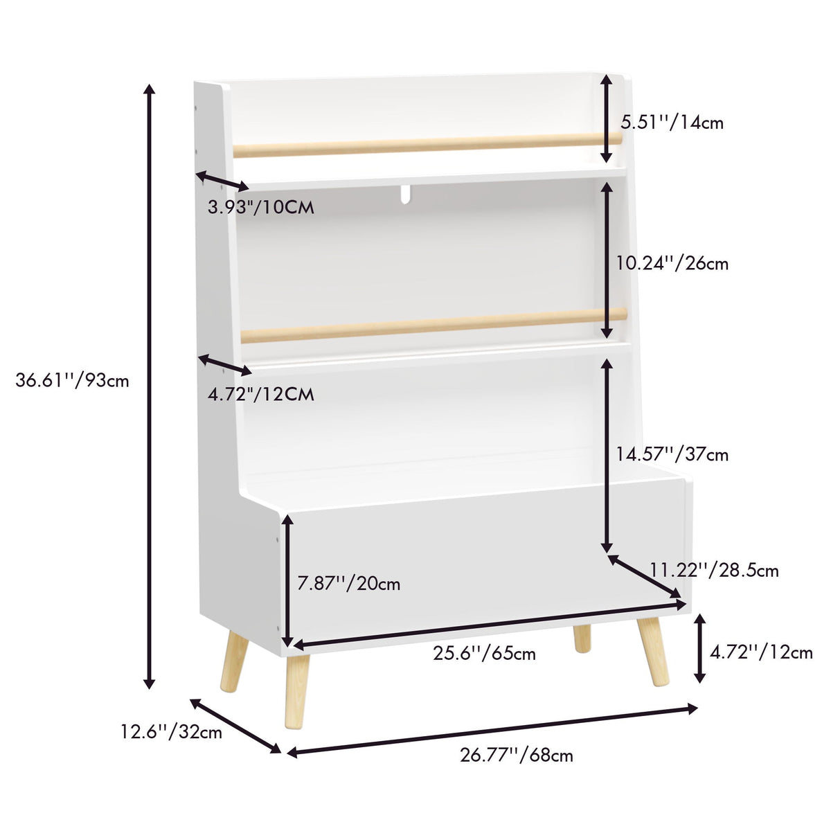 White Bookshelf Book Organizer with Toy Storage - White