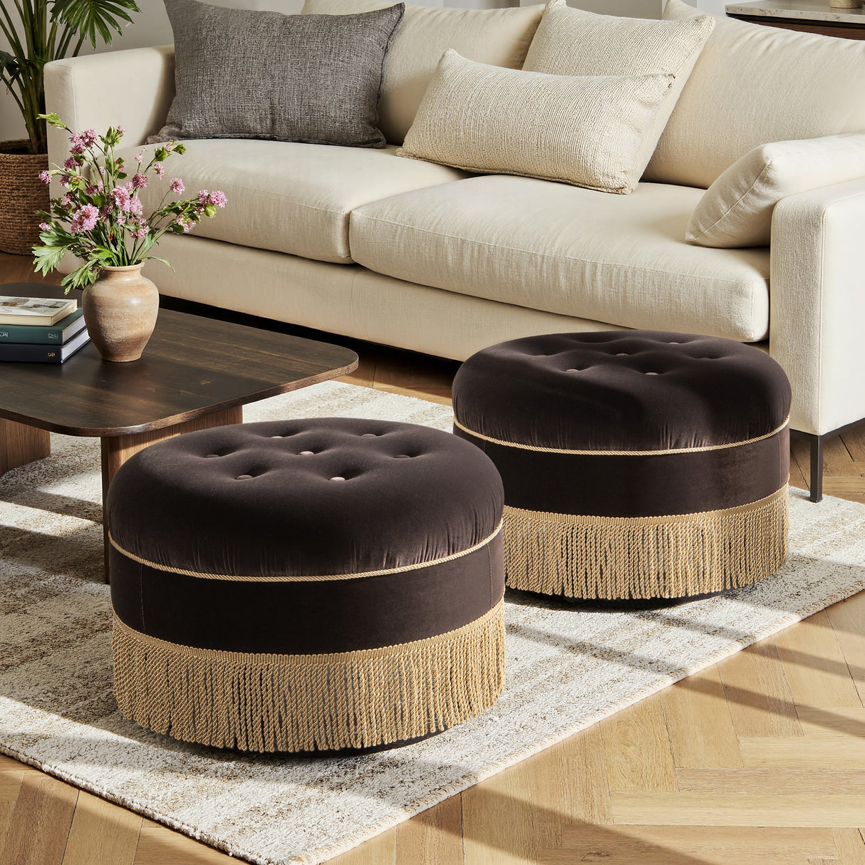 Yolanda 24" Round Upholstered Accent Ottoman Deep Brown Performance Velvet