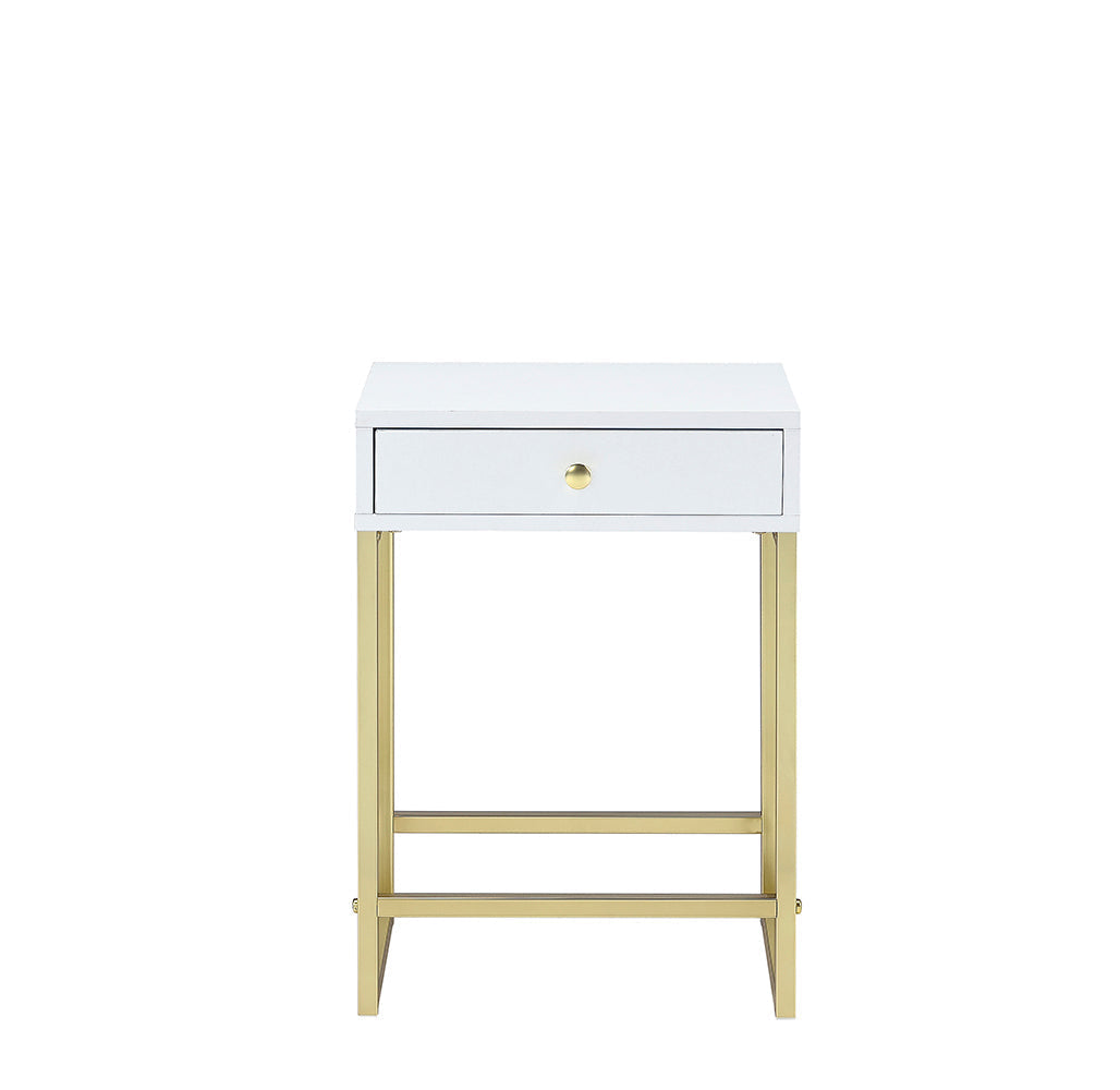 Coleen White & Brass Finish Accent Table with Drawer